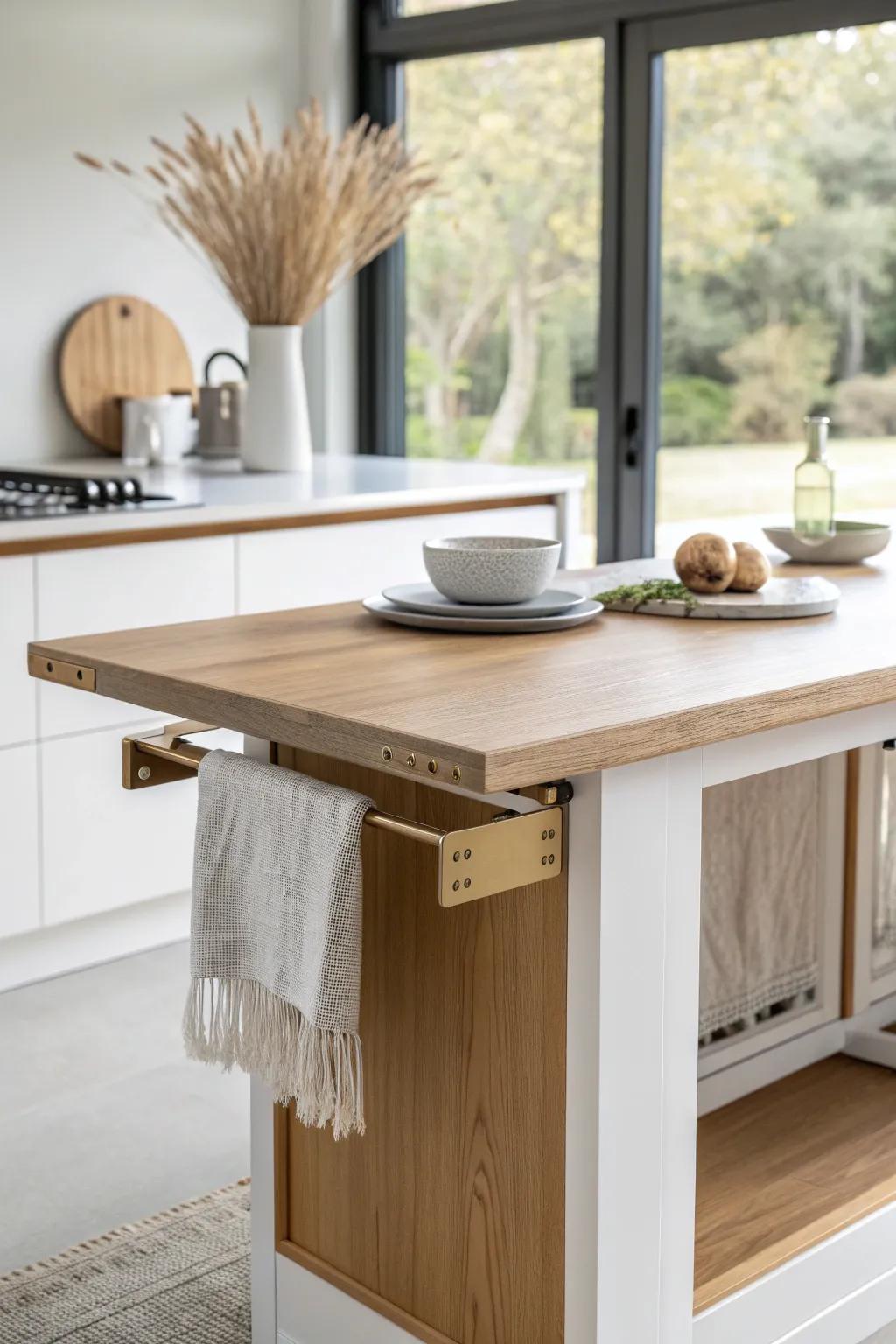 Swing-out table arm: a tiny-kitchen island that pivots into dining space in seconds.