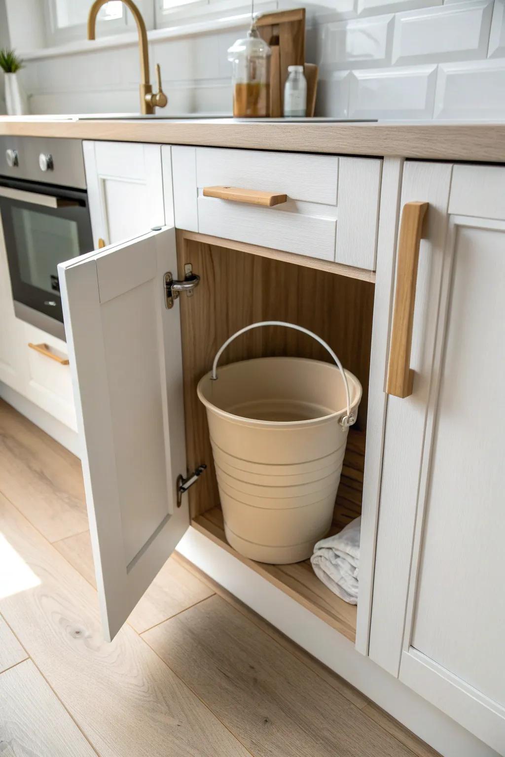 Fold-flat bucket under the sink: a chic, space-saving backup for leaks, soaks, and spills.