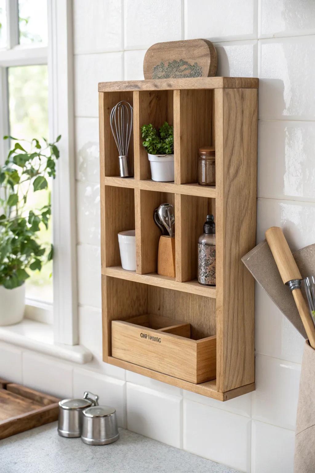 A tiny wall cubby that keeps thermometers, peelers & funnels tidy—no junk drawer vibes.