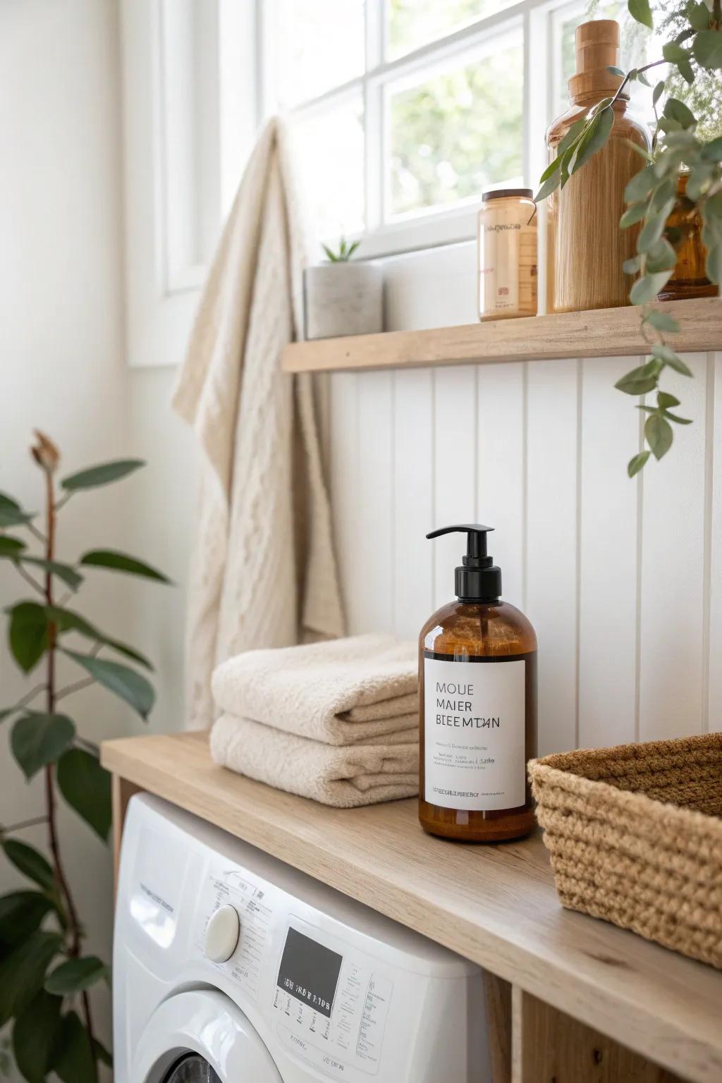 A slim picture ledge turns detergent into decor—minimal, matchy storage for tiny laundry nooks.