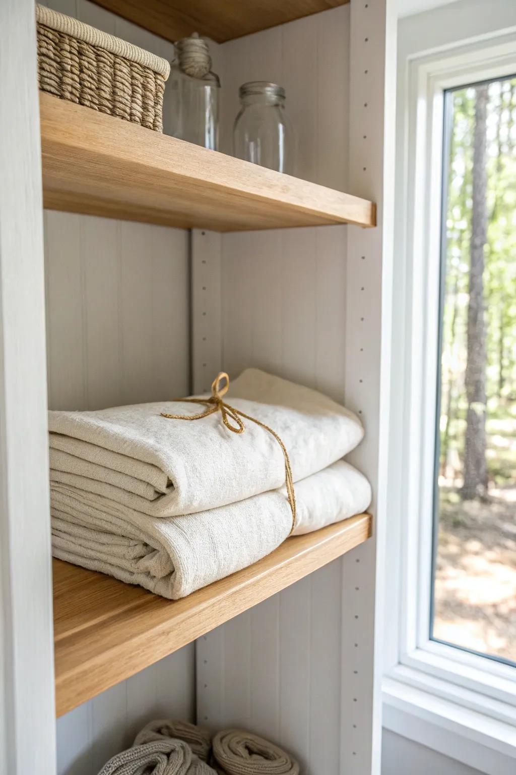 A slim header shelf above the door keeps guest linens tucked away and everyday shelves clear.
