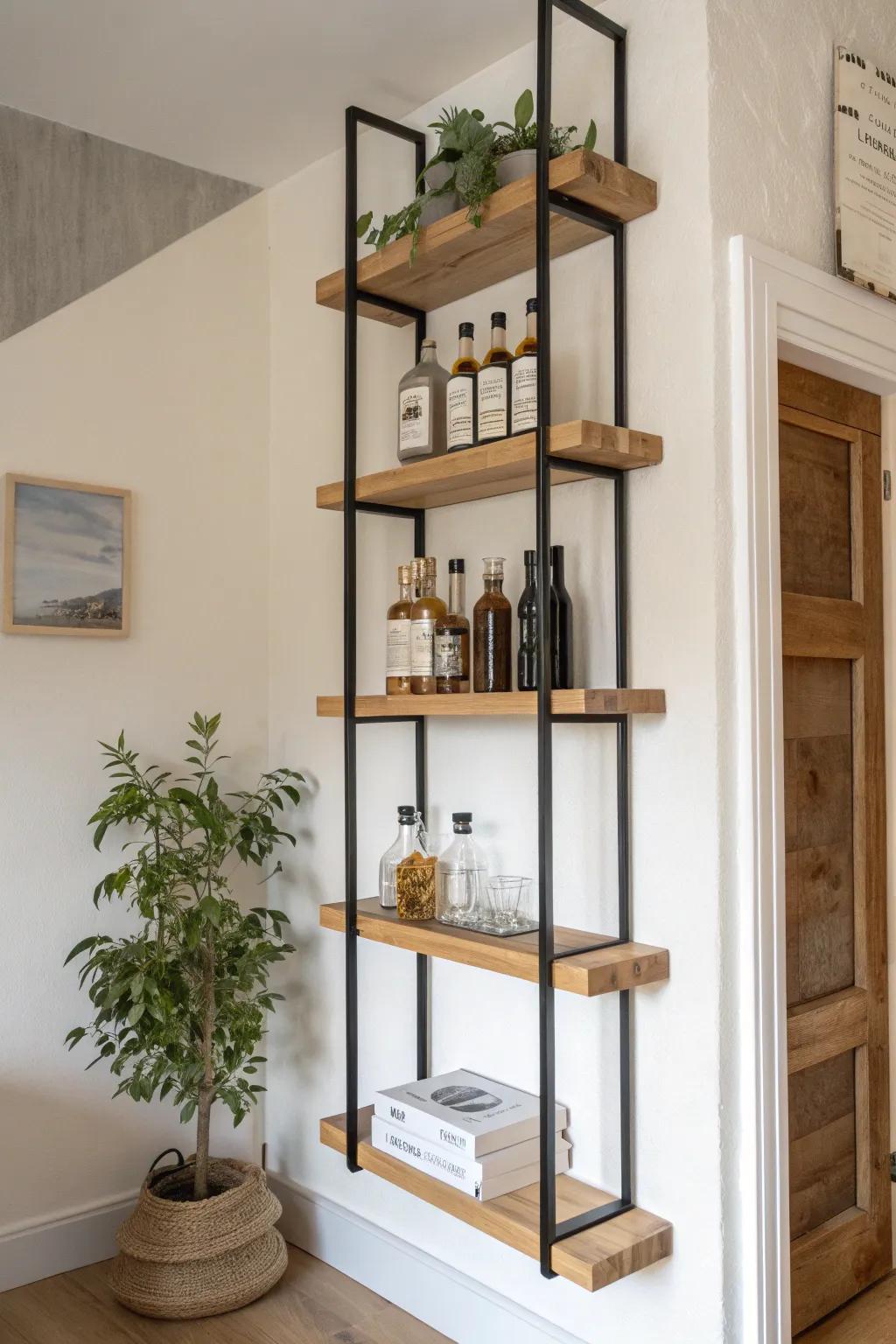 Ceiling-high bottle tower shelving that turns unused wall height into a curated mini bar.