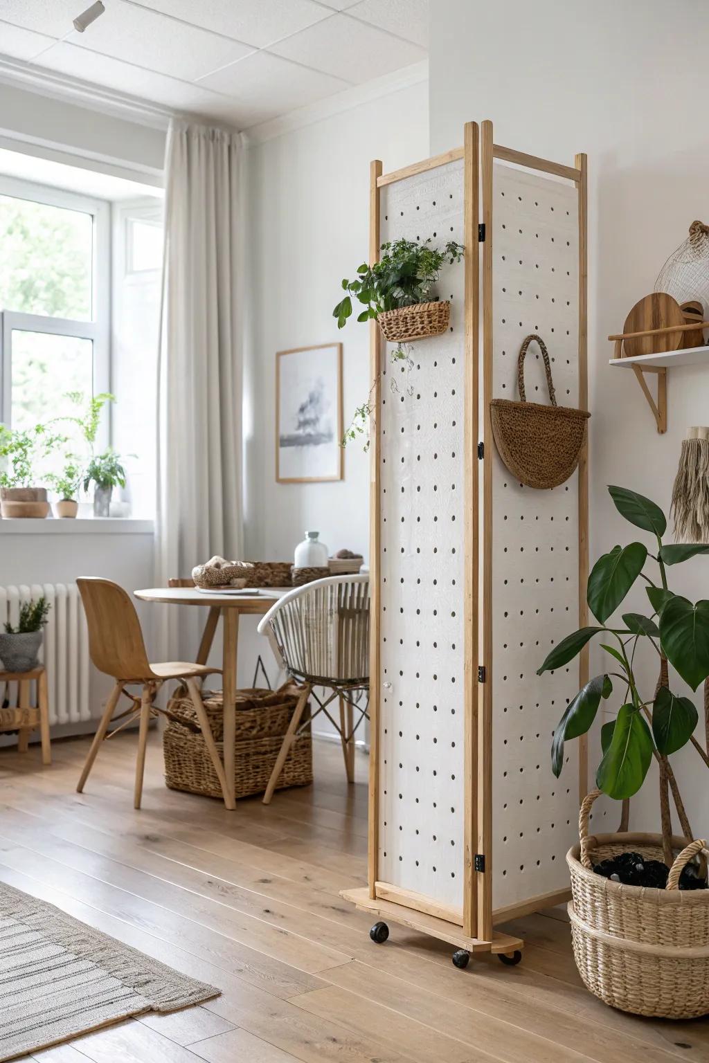 A rolling pegboard divider that separates living and dining—while adding chic vertical storage.