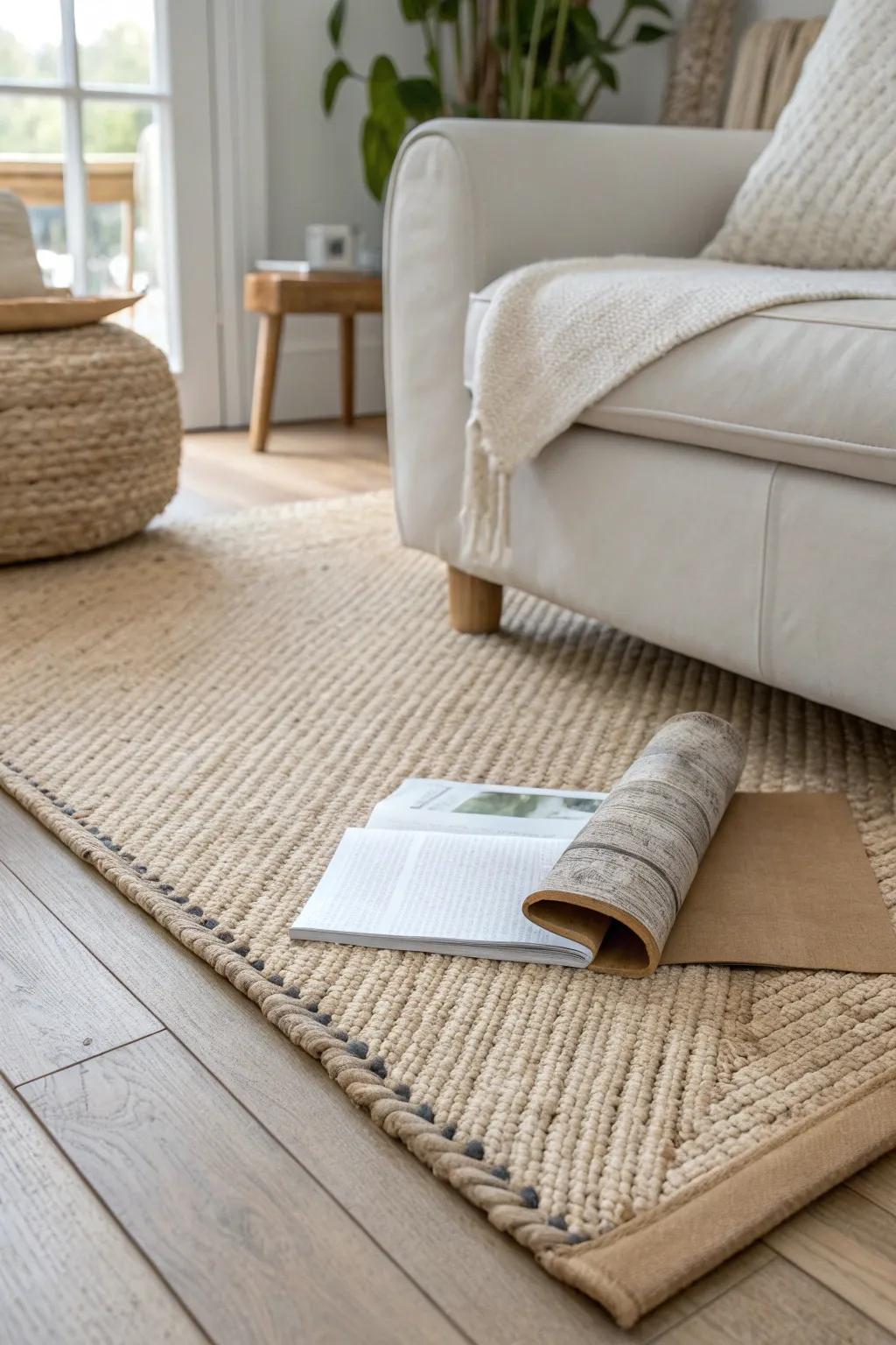 Hide flat clutter in a DIY under-rug sleeve—clean floors, calm vibes, zero visual mess.