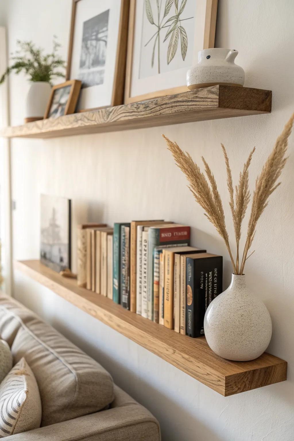 Flip a few books pages-out for a calm, gallery-like shelf moment with soft texture.