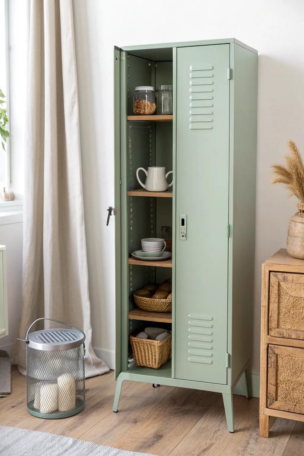 A slim kitchen locker turned coffee-and-snack station—tiered shelves keep mornings calm.