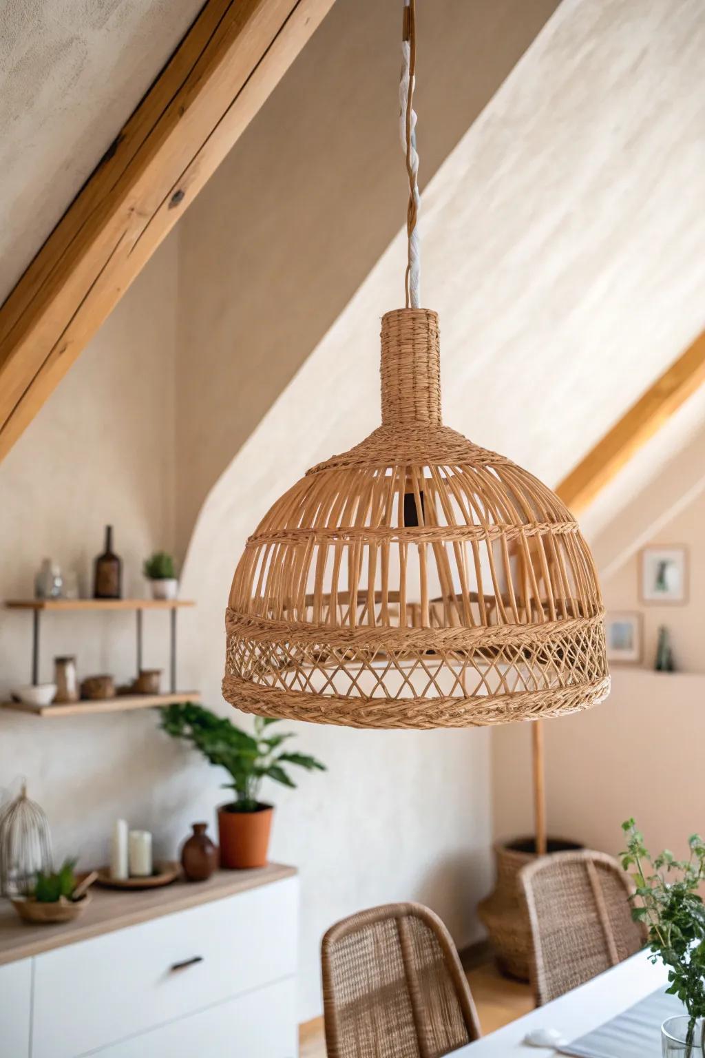 One woven pendant + a soft ceiling color shift creates an instant loft “fifth wall” moment.