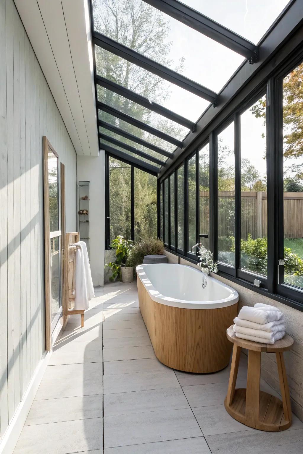 Turn a long narrow sunroom into a mini soak zone with a compact tub and airy spa styling.