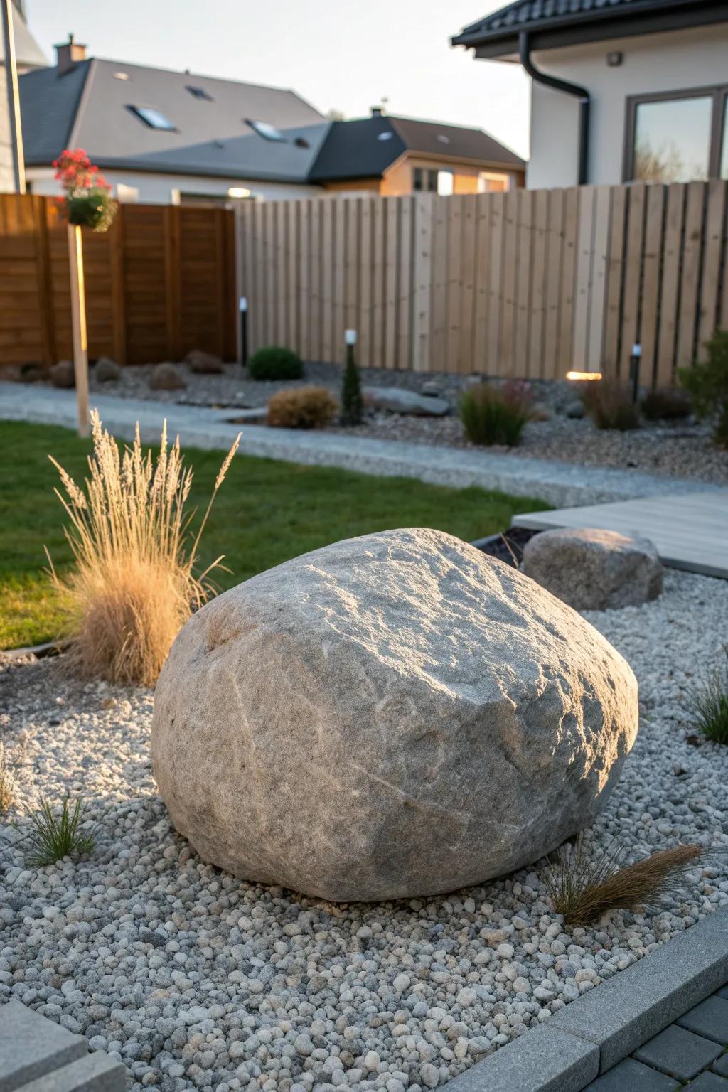 A single statement boulder turns a no-grass backyard into a serene, zero-maintenance sculpture garden.