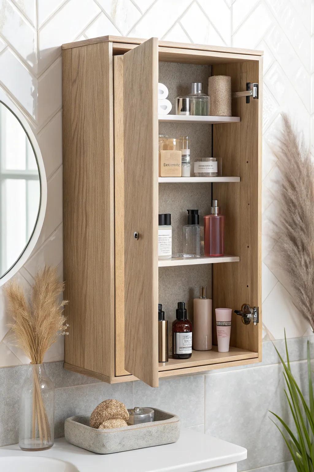 A slim mirror cabinet hides makeup beautifully—perfect for tiny bathrooms with zero counter space.