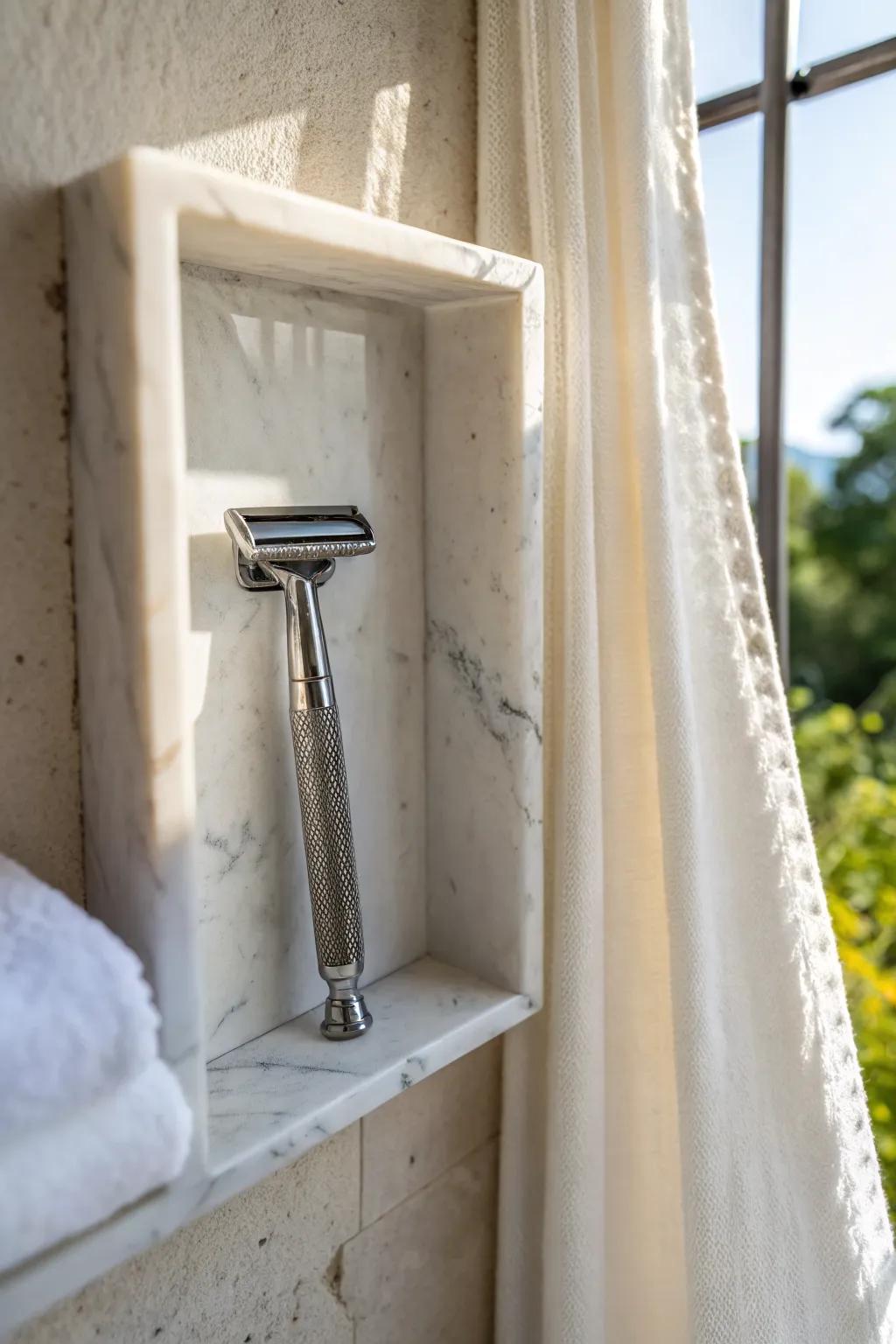 A tiny marble razor niche keeps your shower serene—no more slipping razors on ledges.