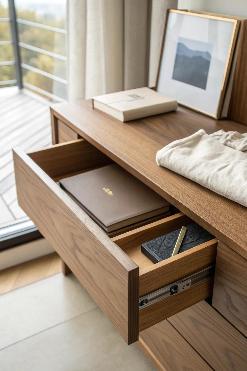 A sleek hidden compartment keeps documents and keepsakes secure—quietly and beautifully.