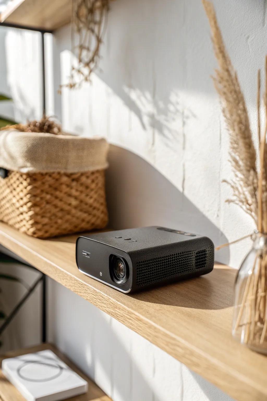 A sleek projector wall keeps your studio’s media setup light, clean, and unexpectedly cozy.