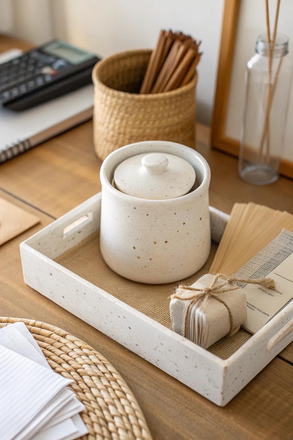 A tiny reset box with wipes, a tie, and a mini trash bag for a 2‑minute desk reset.