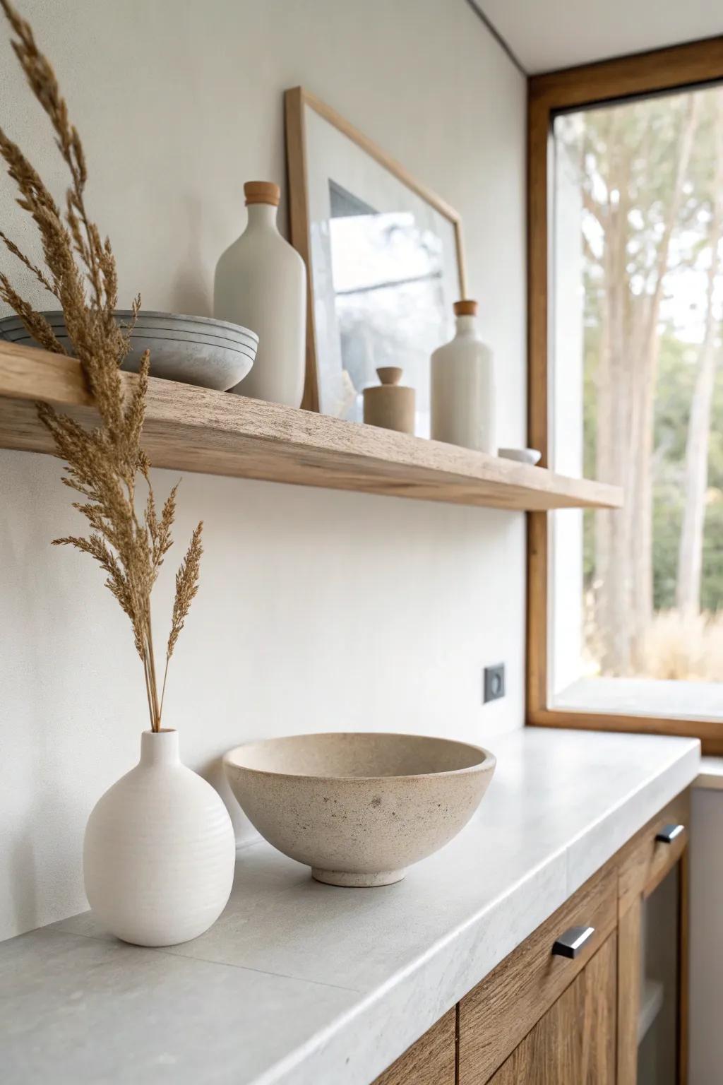 Skip uppers: one warm wood shelf makes a micro kitchen feel taller, calmer, and lighter.