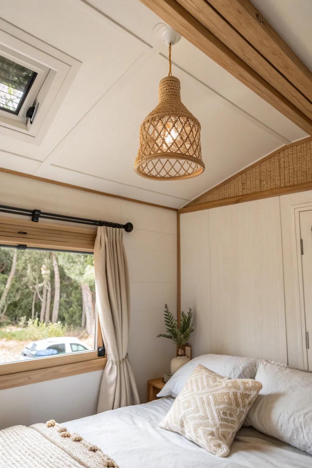 A thin ceiling-edge stripe blurs the line and makes low rooms feel instantly taller.