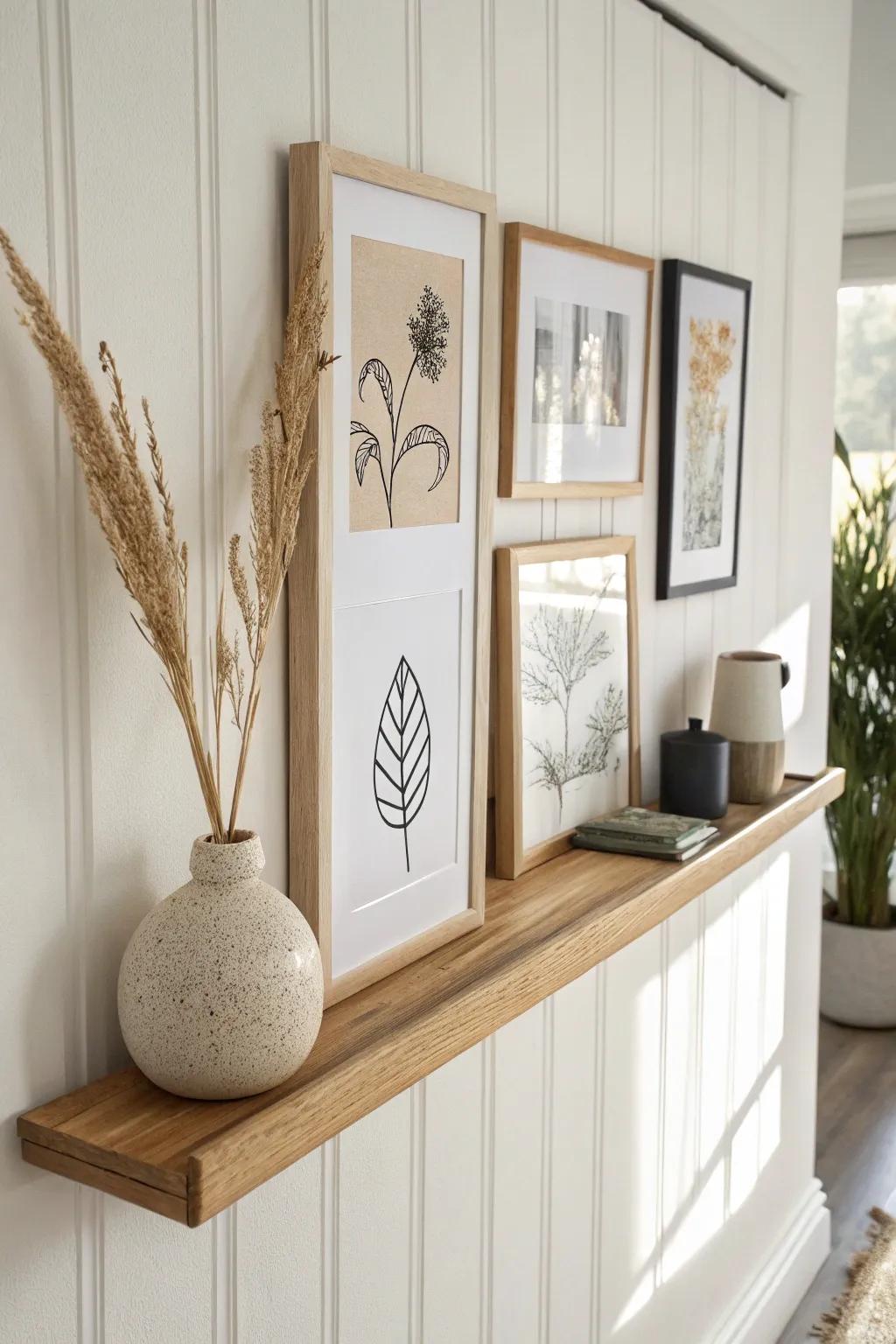 A slim picture ledge turns a narrow mobile home hallway into a light, airy mini gallery.