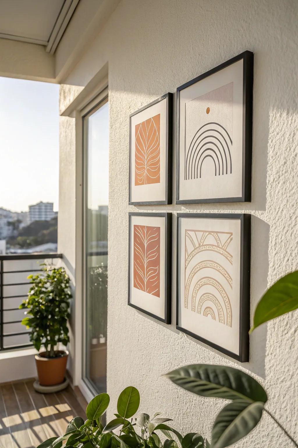 A weather-safe grid frame turns one balcony wall into a chic mini gallery—simple, modern, calm.
