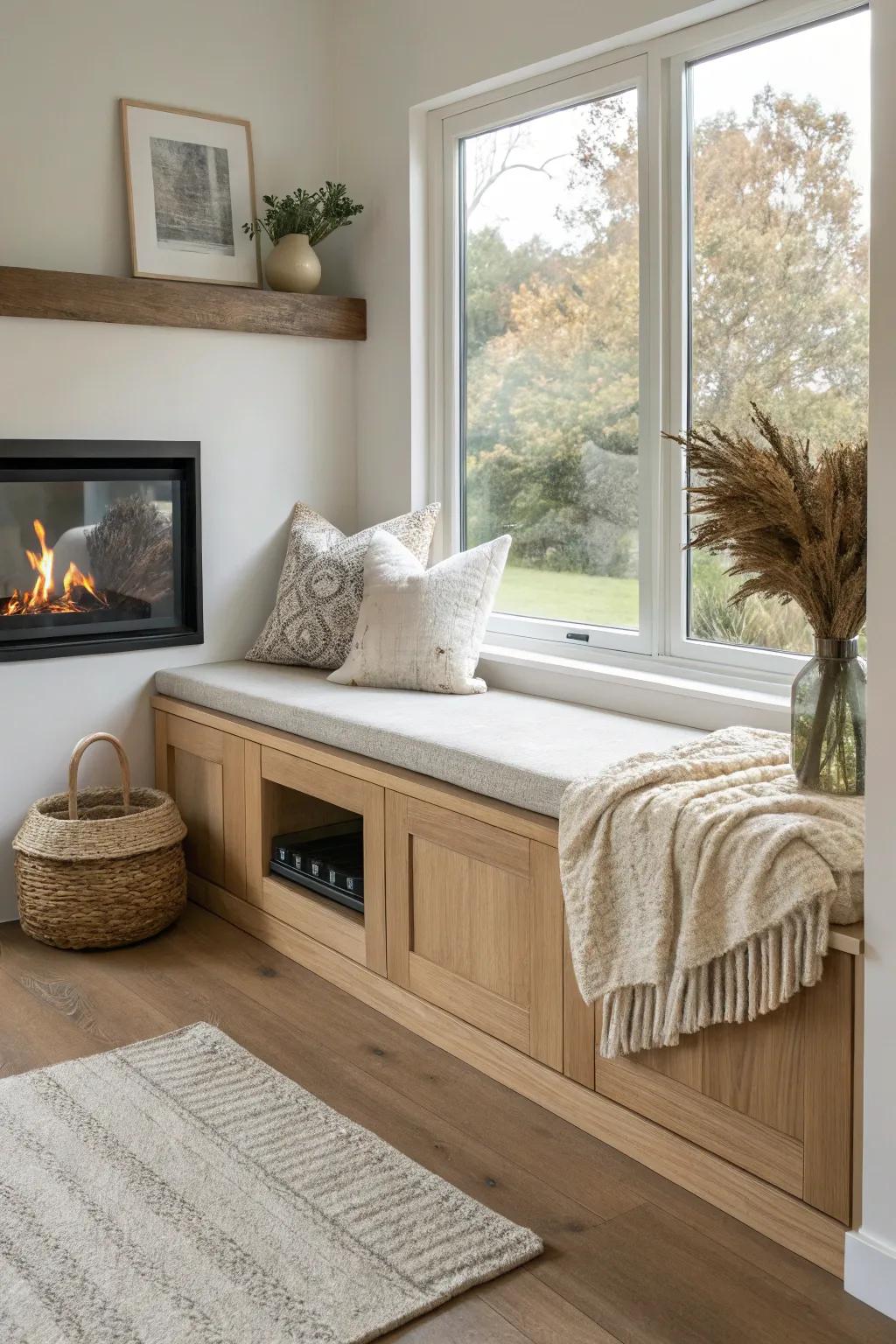 A built-in window bench with a sleek electric fireplace insert—cozy focal point for small rooms.