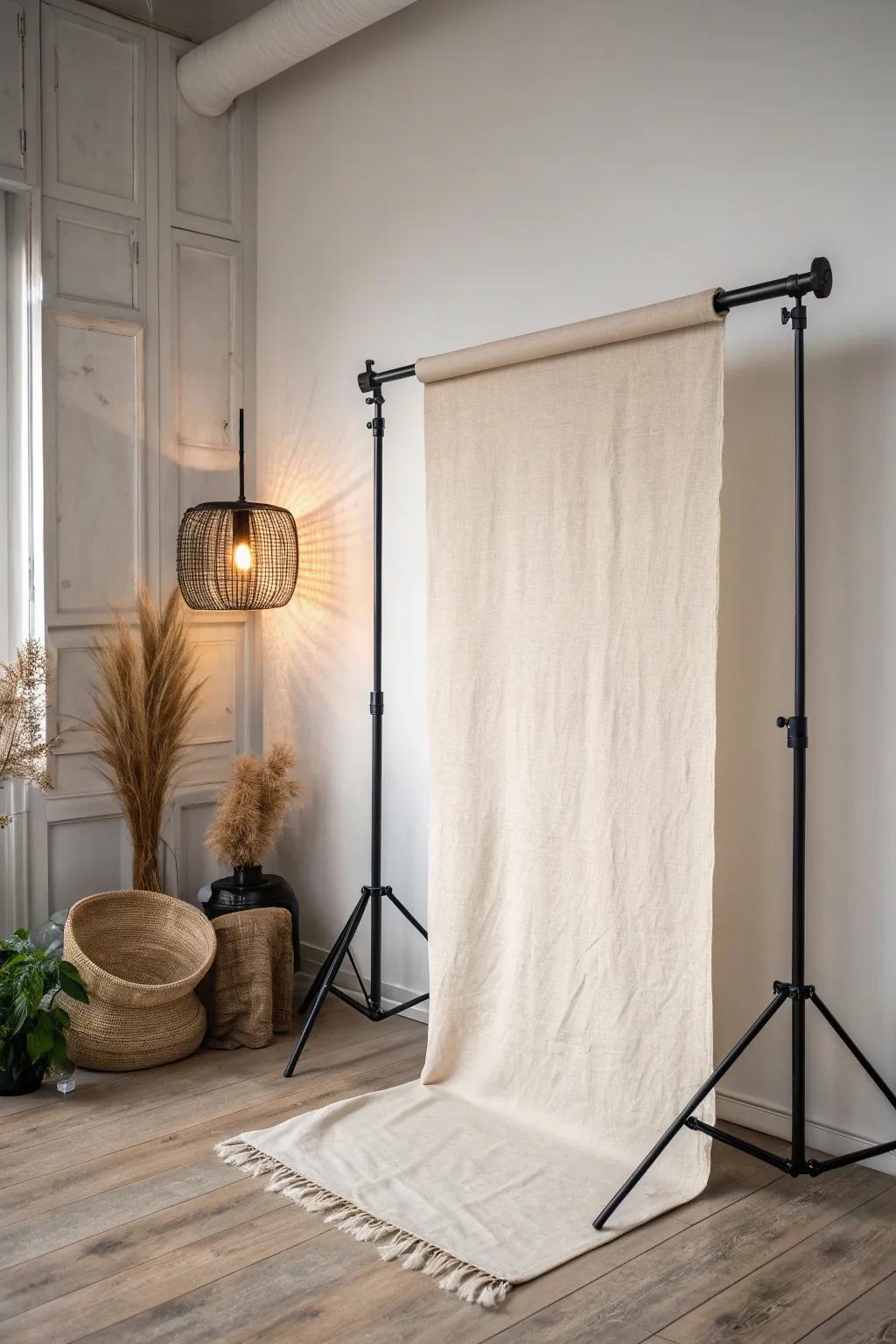 A rolling linen backdrop that tucks away—daytime studio energy, nighttime retreat in minutes.
