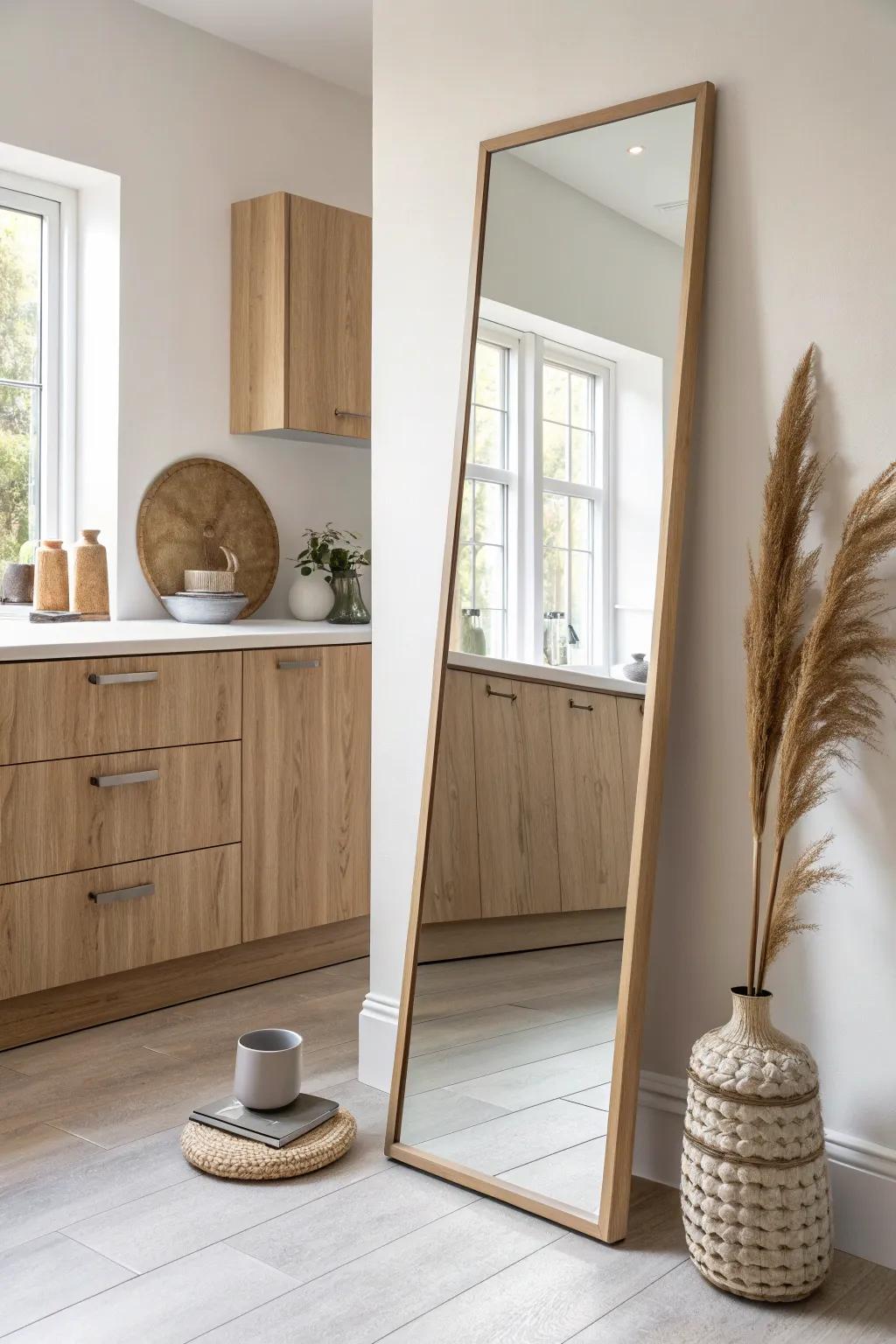 A slim mirror panel bounces daylight around a small kitchen—instant depth, modern and calm.