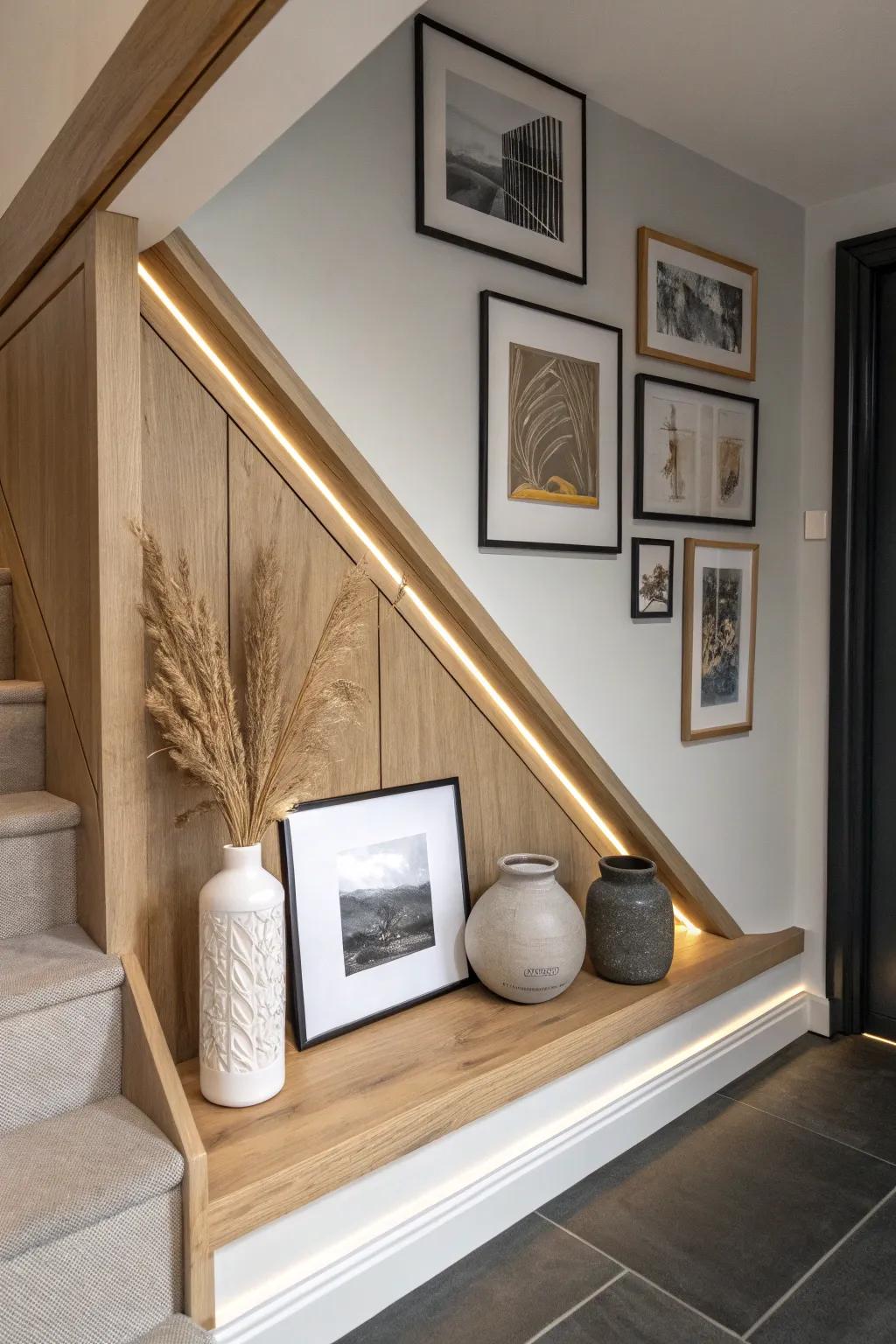 Turn the under‑stairs triangle into a glowing mini gallery with floating ledges and warm LEDs.