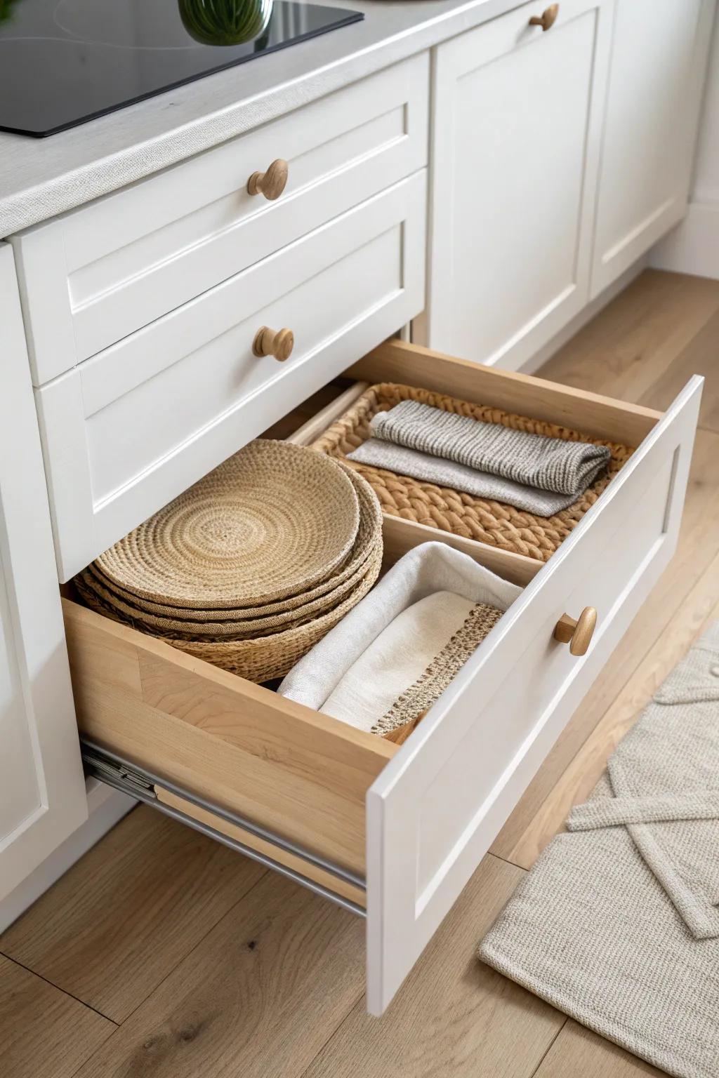 Steal hidden storage: a sleek toe-kick drawer keeps baking sheets & placemats out of sight.