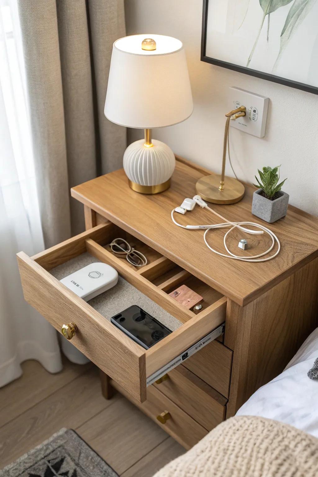 Secret inside-wall command center keeps nightstand essentials tidy and always within reach.