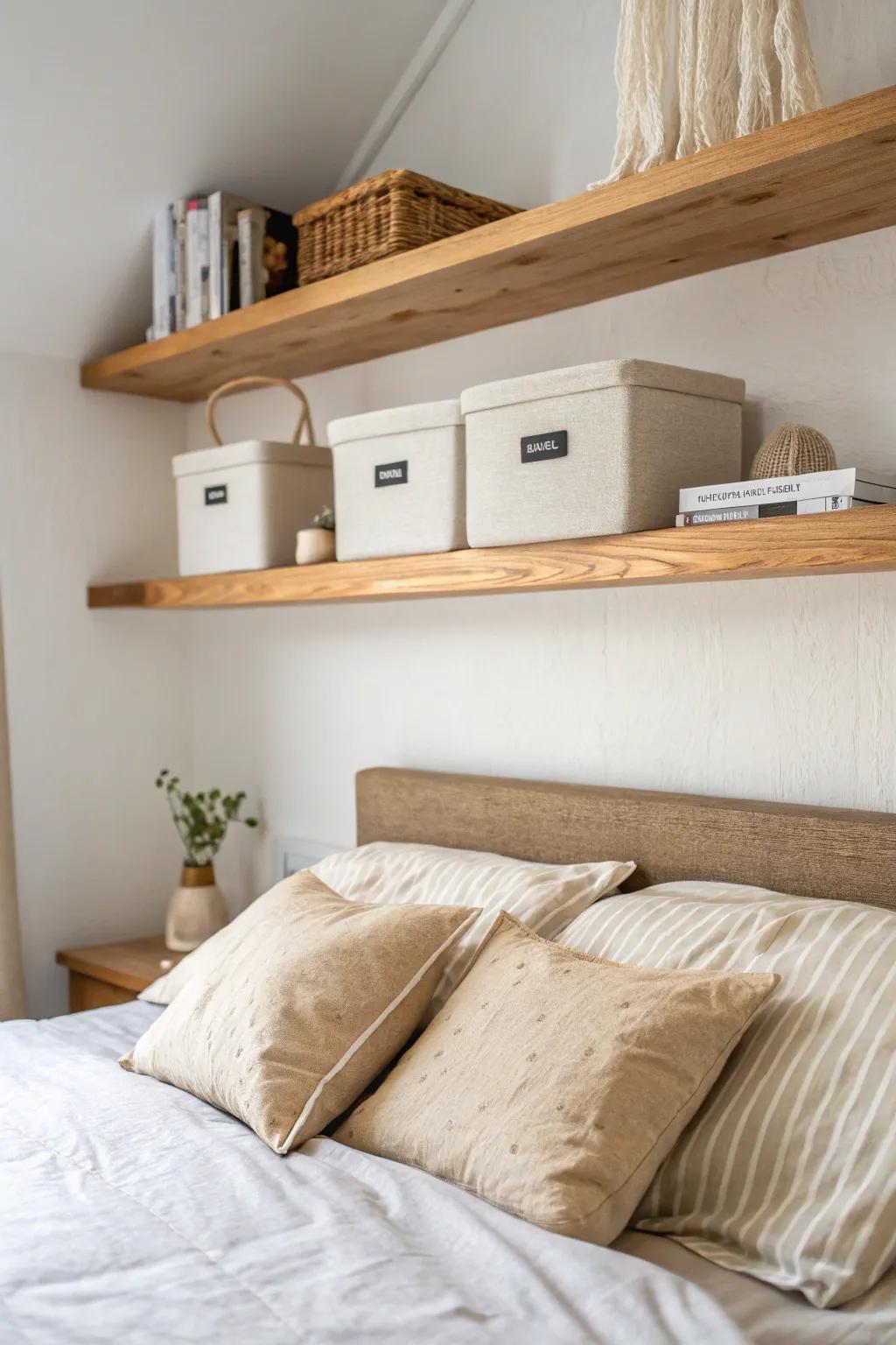 Go high: an over-the-bed shelf with labeled bins keeps a no-closet bedroom tidy.