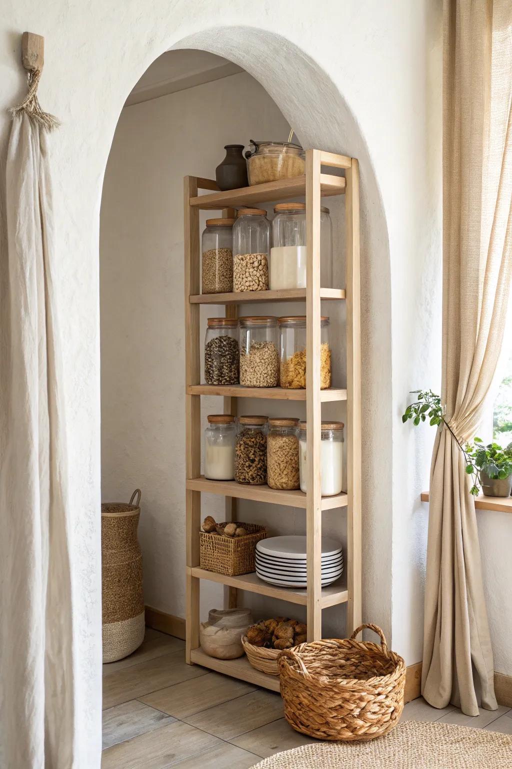 Frame open shelves with a doorless arch to create a mini pantry “room” in any small space.