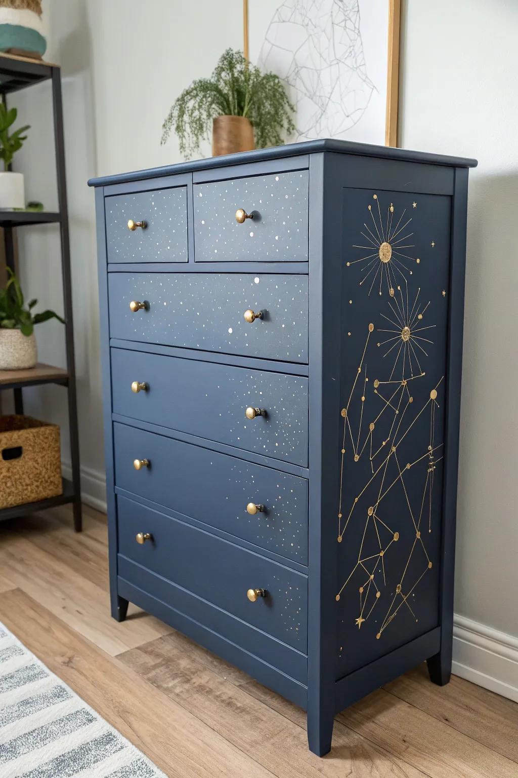 Midnight navy drawers with hand-painted constellations—small-space storage that feels like art.