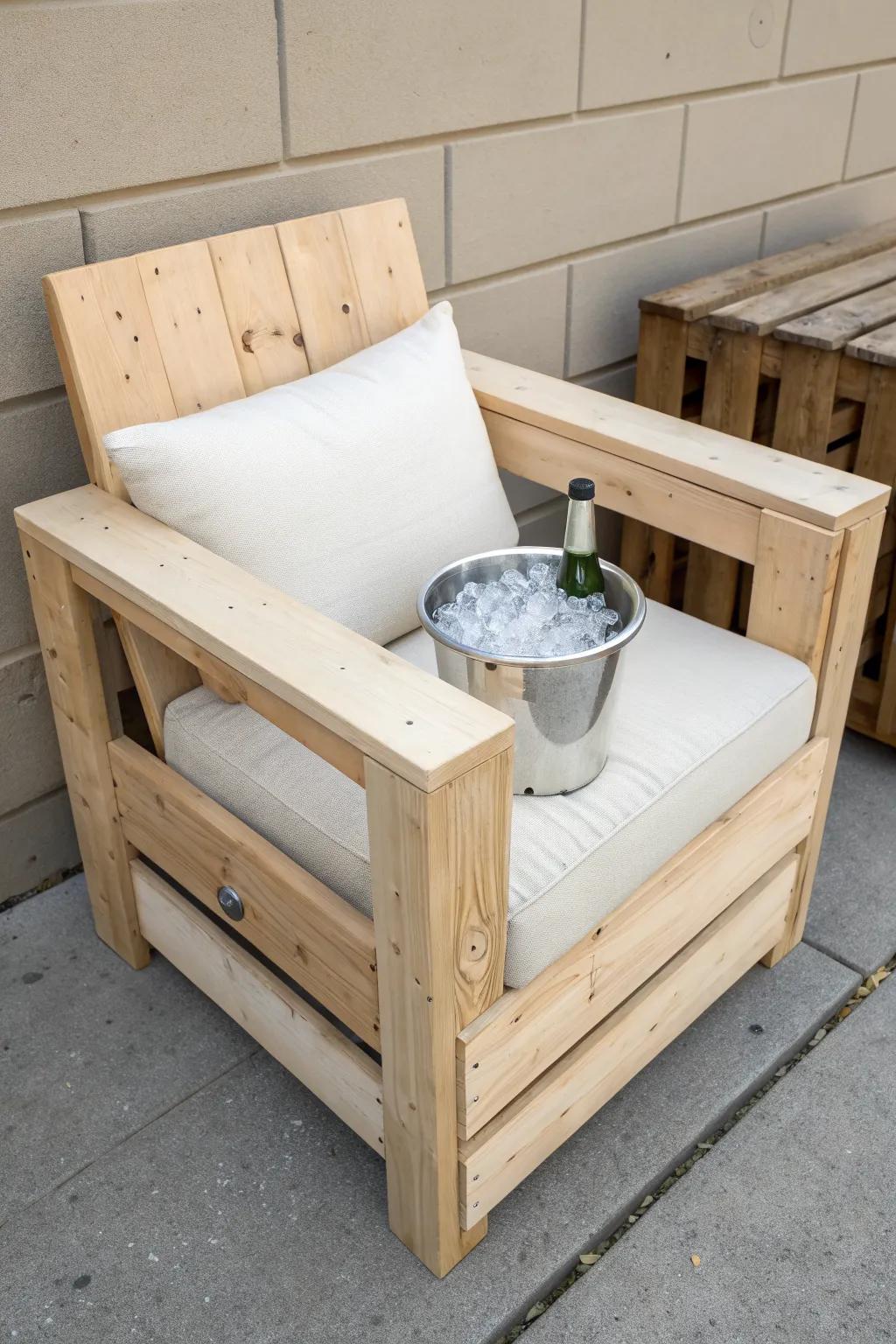 Small-space entertaining: a sleek pallet chair with a hidden ice bucket tucked neatly in the arm.