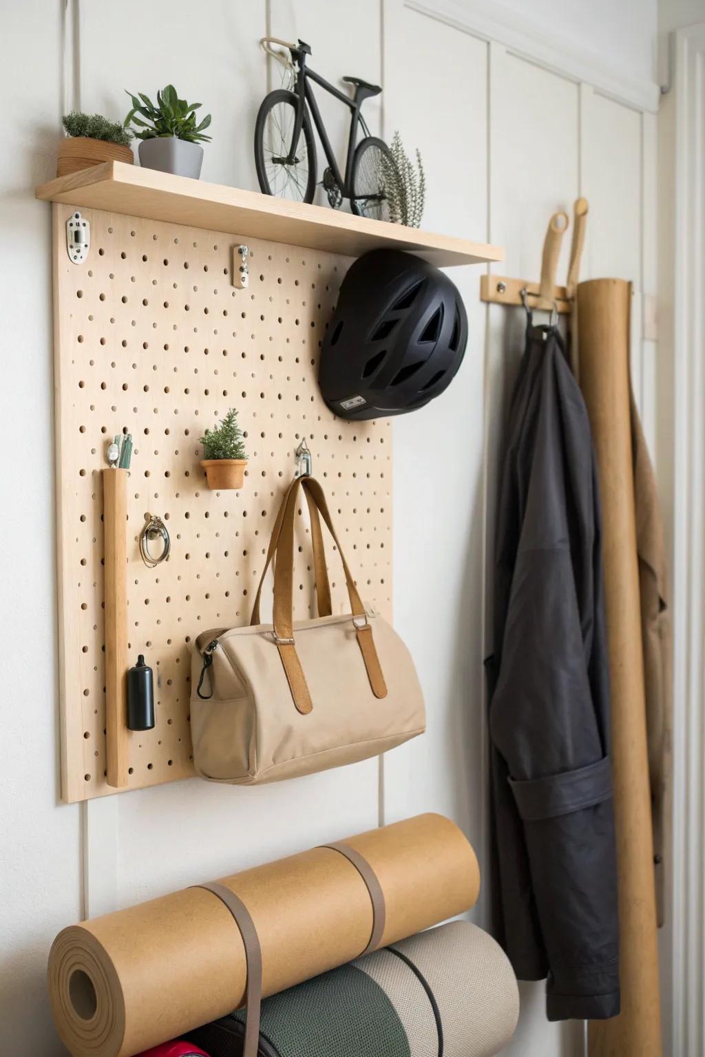 A chic pegboard “gear garage” keeps helmet, tote, and workout essentials ready to grab.