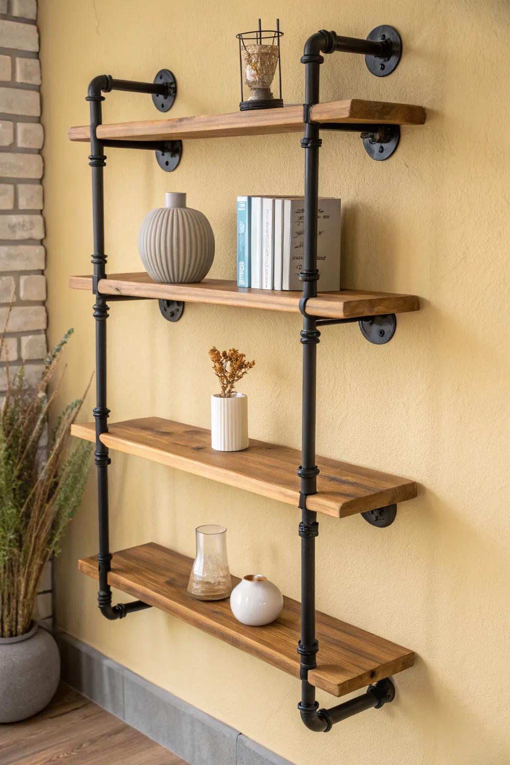 A sculptural asymmetrical pipe shelf that turns storage into striking wall art.