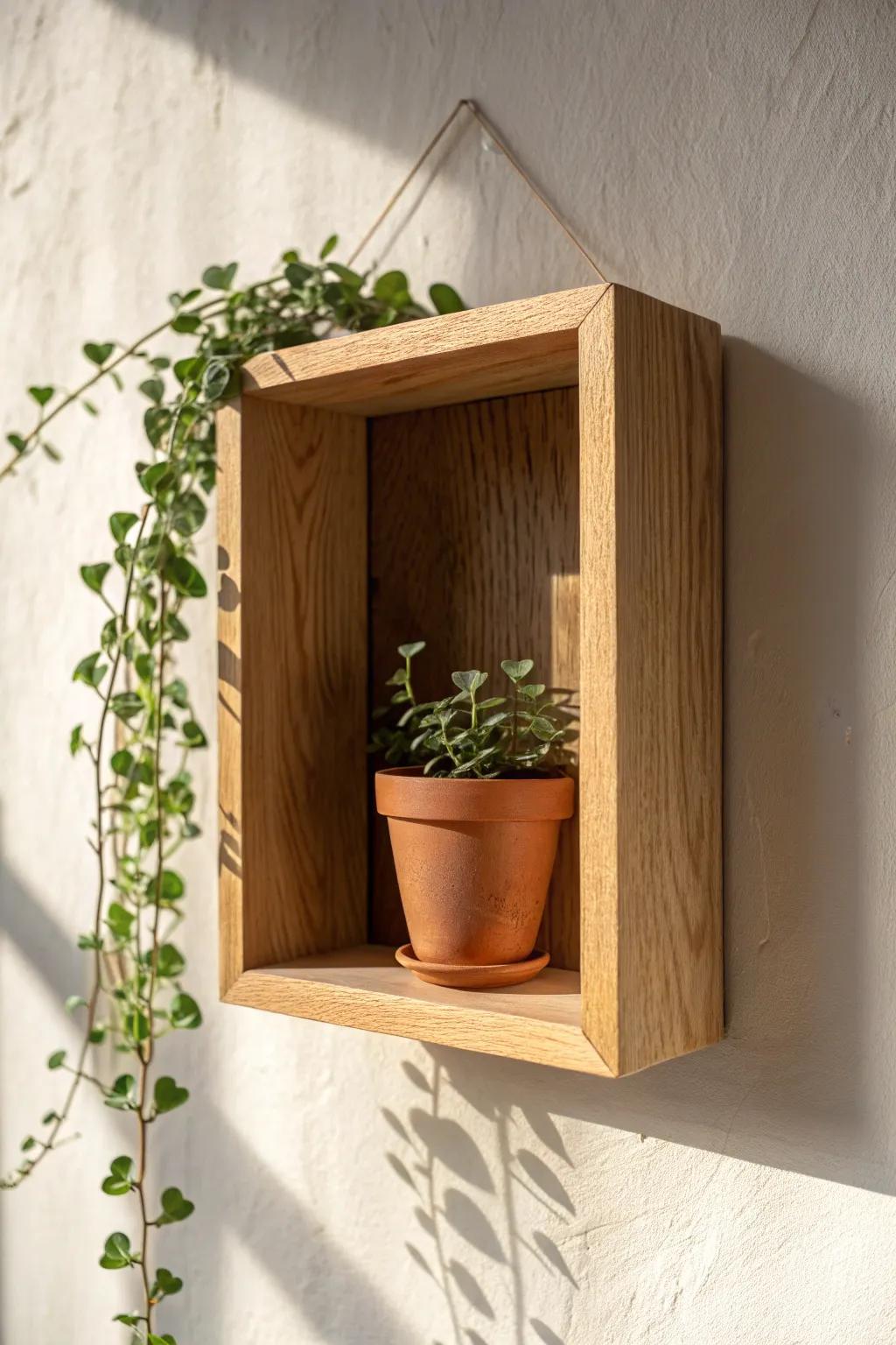 A tiny shadowbox plant niche that makes a rental wall feel like a custom built‑in.