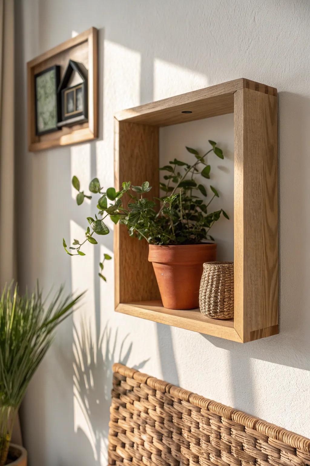 A recessed shadowbox plant shelf that feels like a tiny indoor greenhouse—perfect for slim halls.