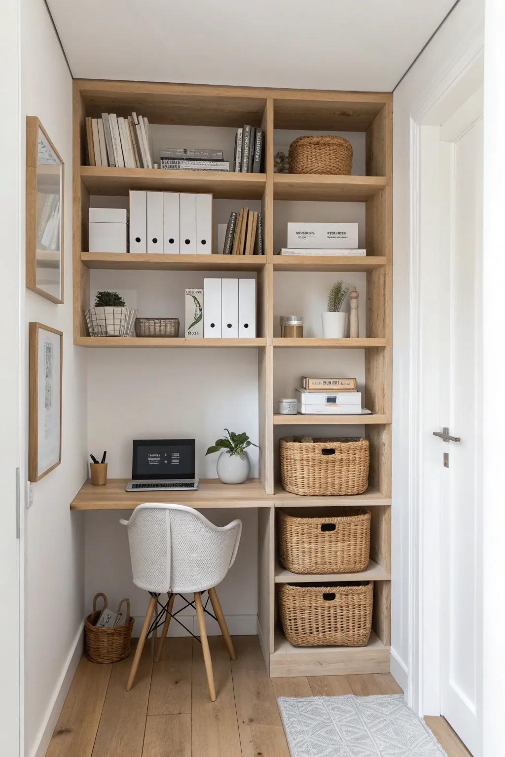 Ceiling-height shelves keep a tiny closet office clear—stash cables and paper up top.