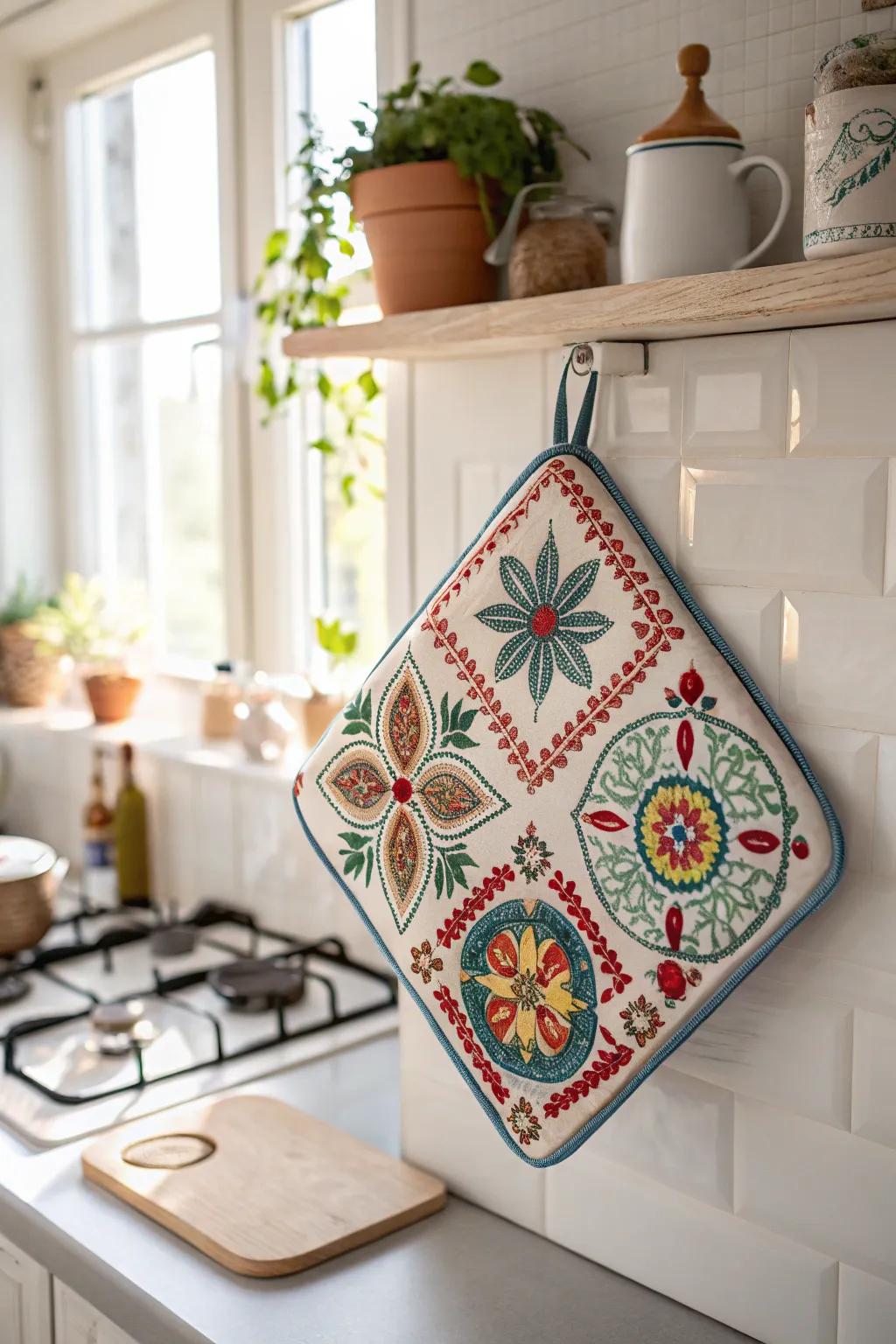 Embrace global traditions with these exquisite patterned pot holders, a perfect blend of craftsmanship and cultural flair for your kitchen.
