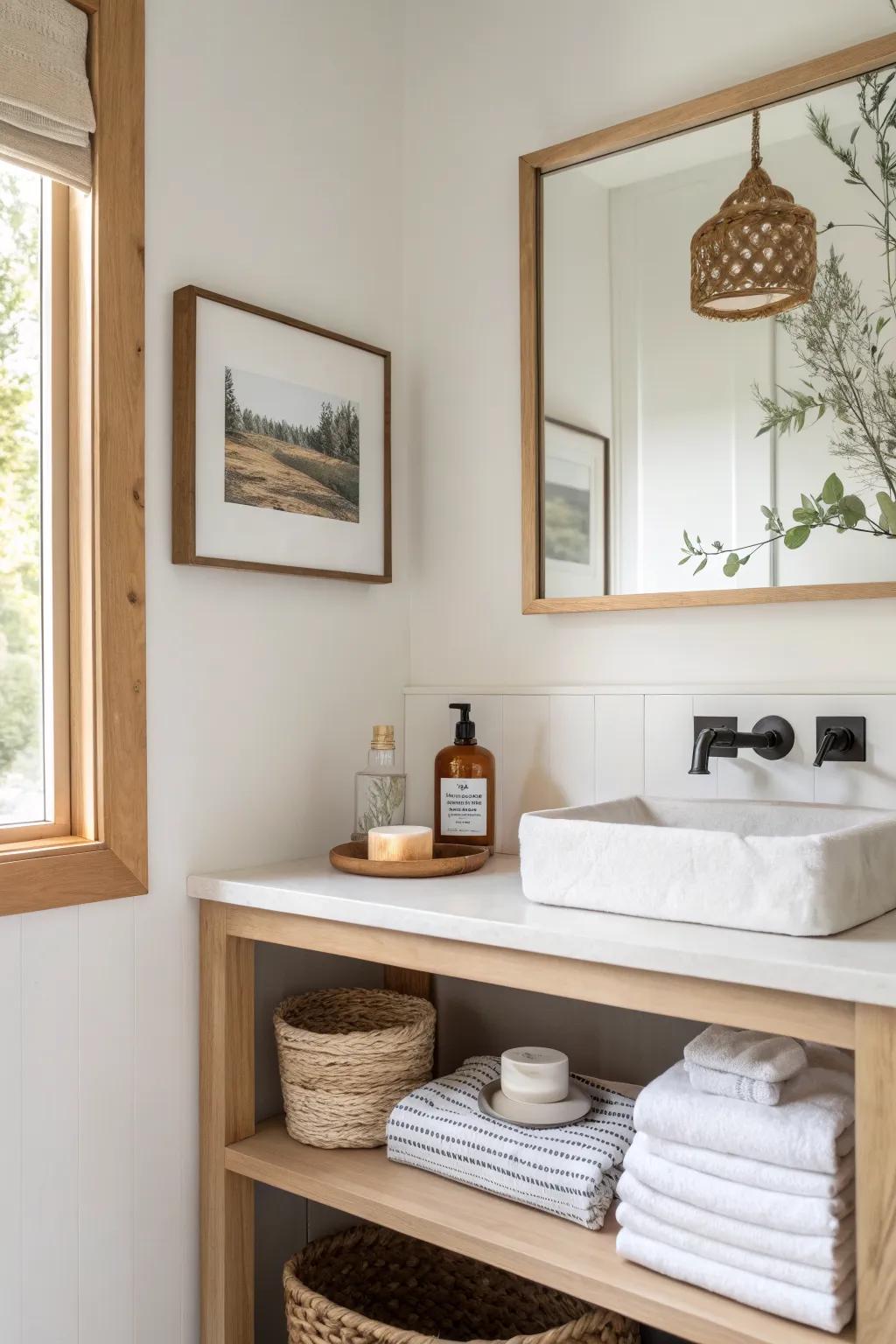 Hinged art that swings open to reveal a hidden mini shelf—sleek storage for a calm powder room.