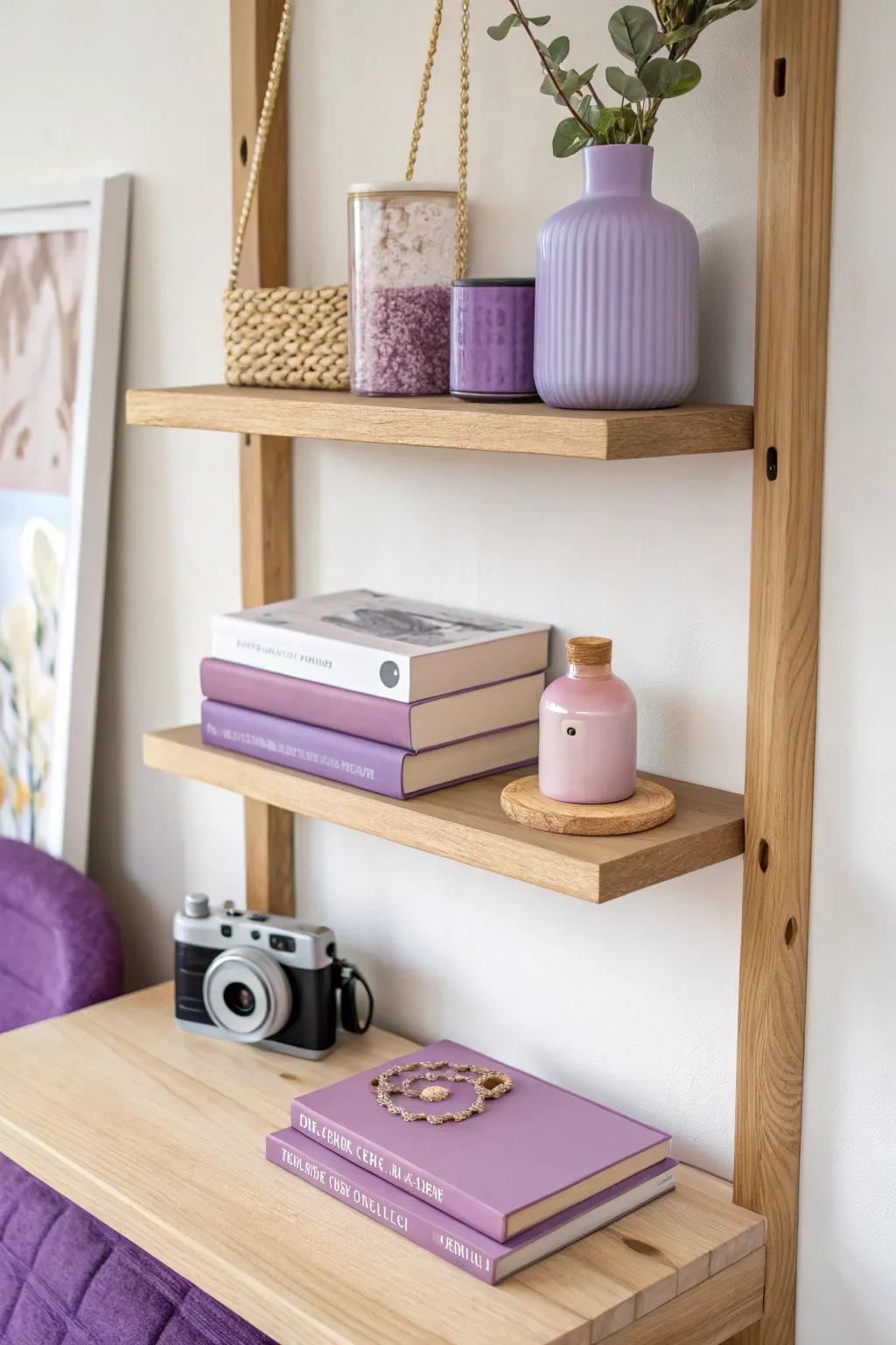 A purple-gradient shelf that adds wow-factor in a tiny dorm—minimal, cozy, and clutter-free.