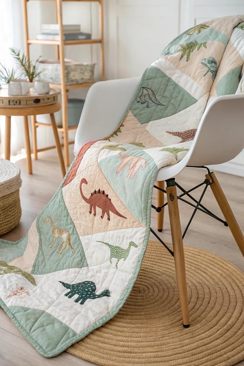 Transport little ones to a world of Dinosaur Dreams with this enchanting handcrafted quilt. 🦕✨ #ScandinavianStyle #BohoKids #QuiltArt