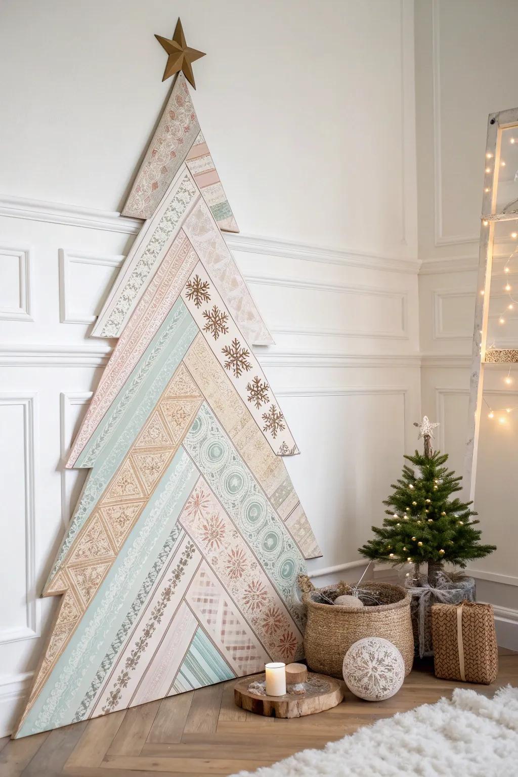 Transform your space with a whimsical wallpaper strip Christmas tree, blending minimalist charm with vibrant Boho flair.