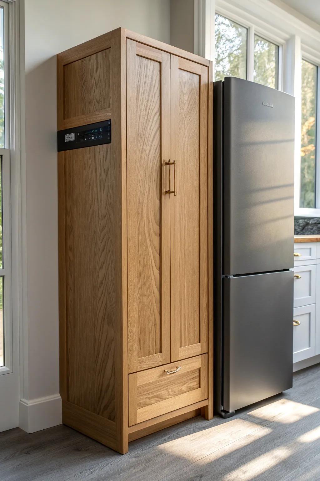 A fridge-side cabinet with a hidden appliance garage keeps counters clear in seconds.