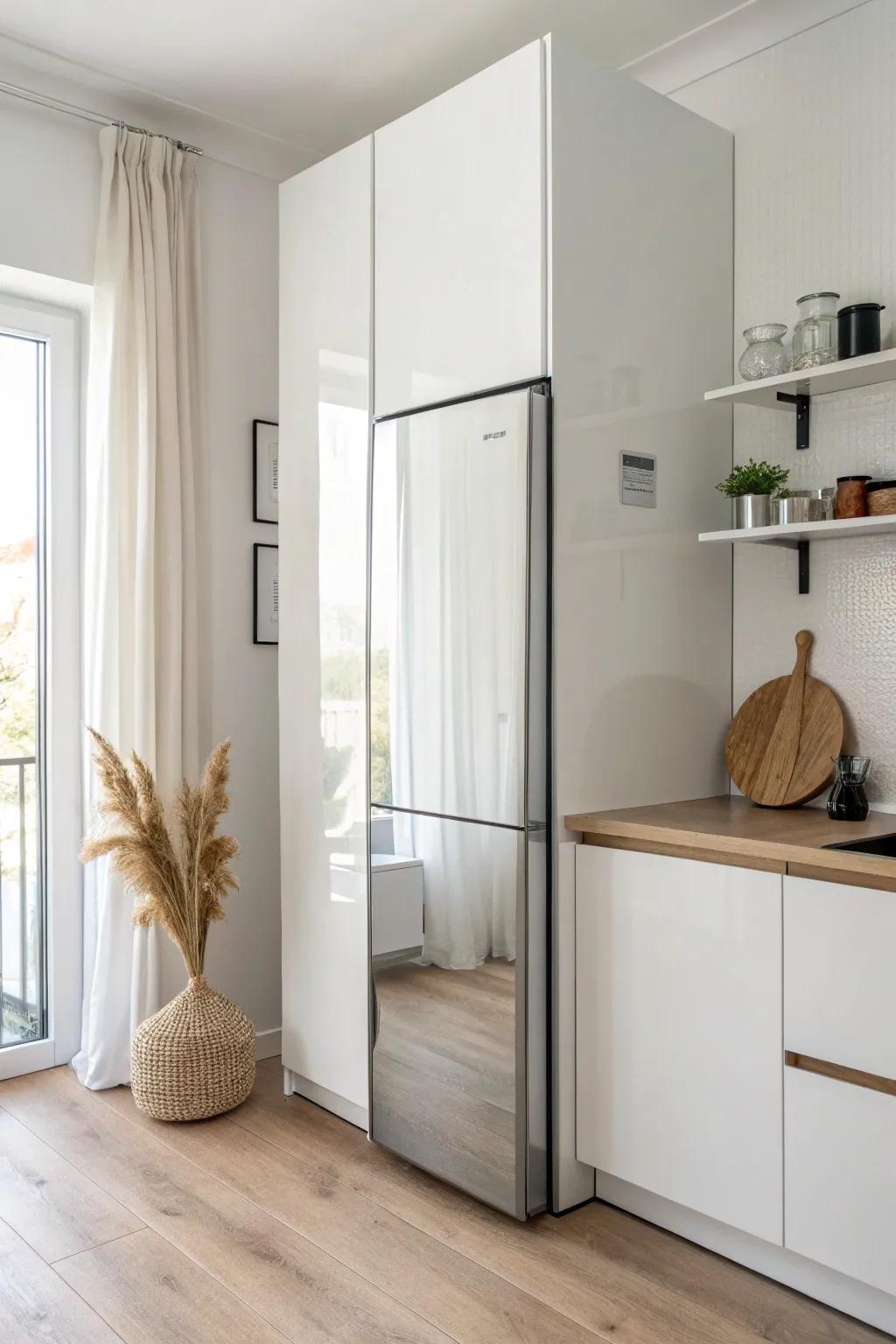 A slim mirror side panel reflects light to make a small kitchen feel instantly bigger.