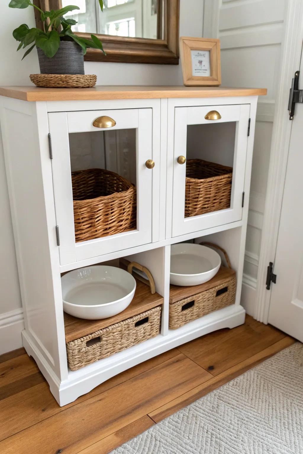 A repurposed china cabinet base becomes a sleek, space-saving pet feeding and storage station.