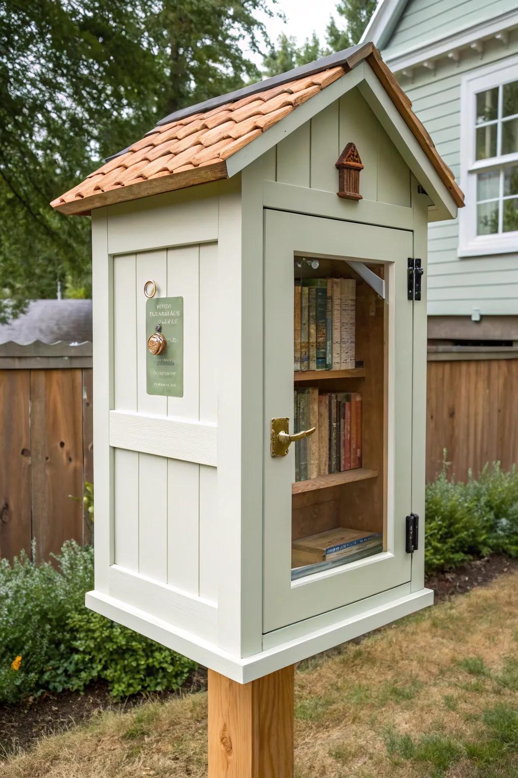 A sweet covered little free library made from a salvaged cabinet—weatherproof and charming.