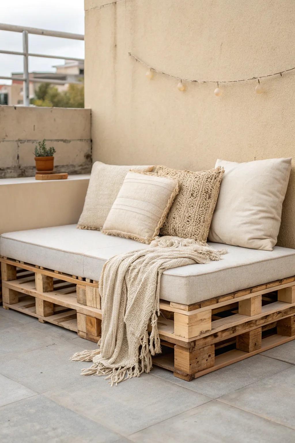 DIY pallet rooftop sofa idea—custom fit, minimalist look, and thick cozy cushions.