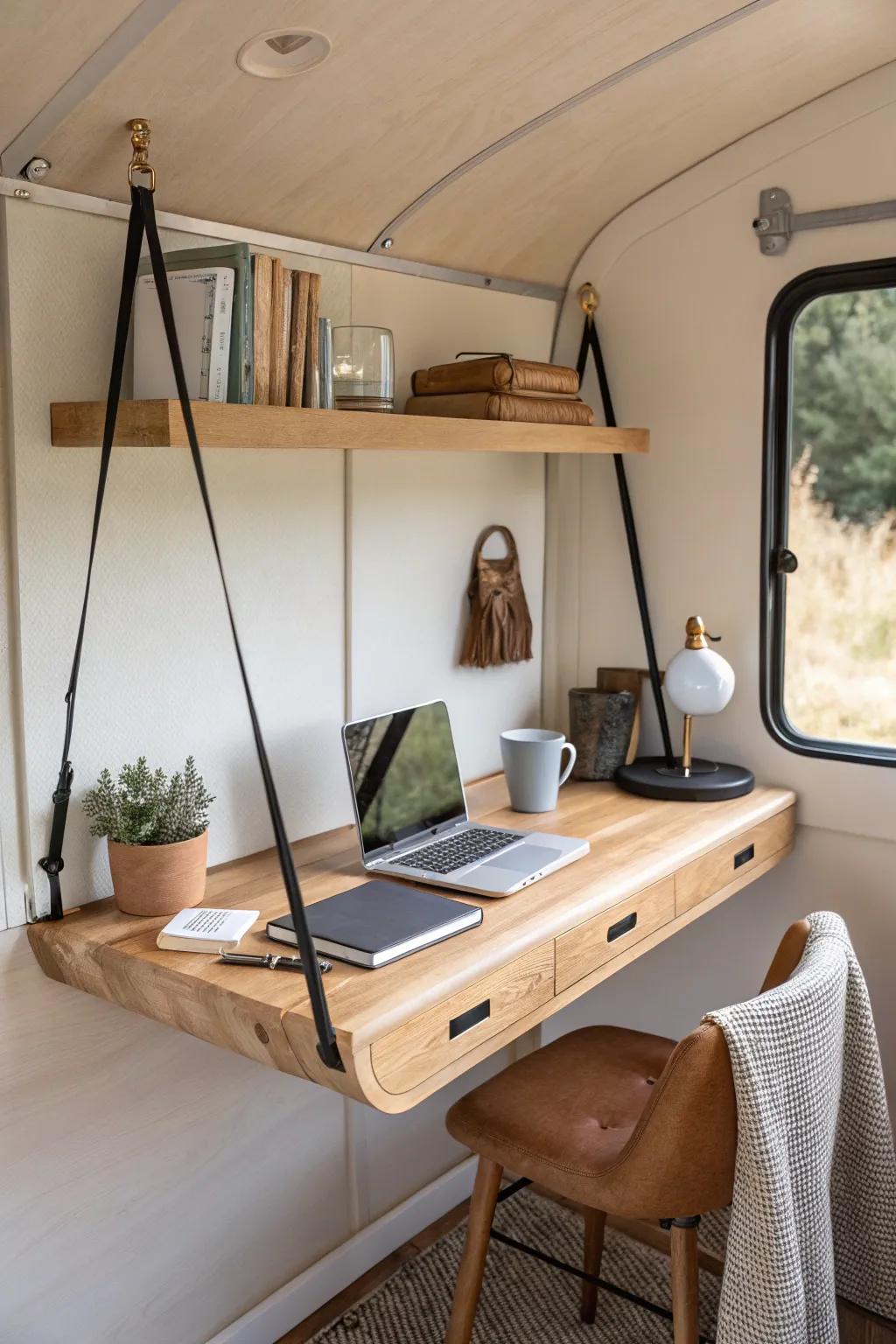 A floating ceiling-hung shelf desk that keeps your RV corner open, airy, and beautifully minimal.