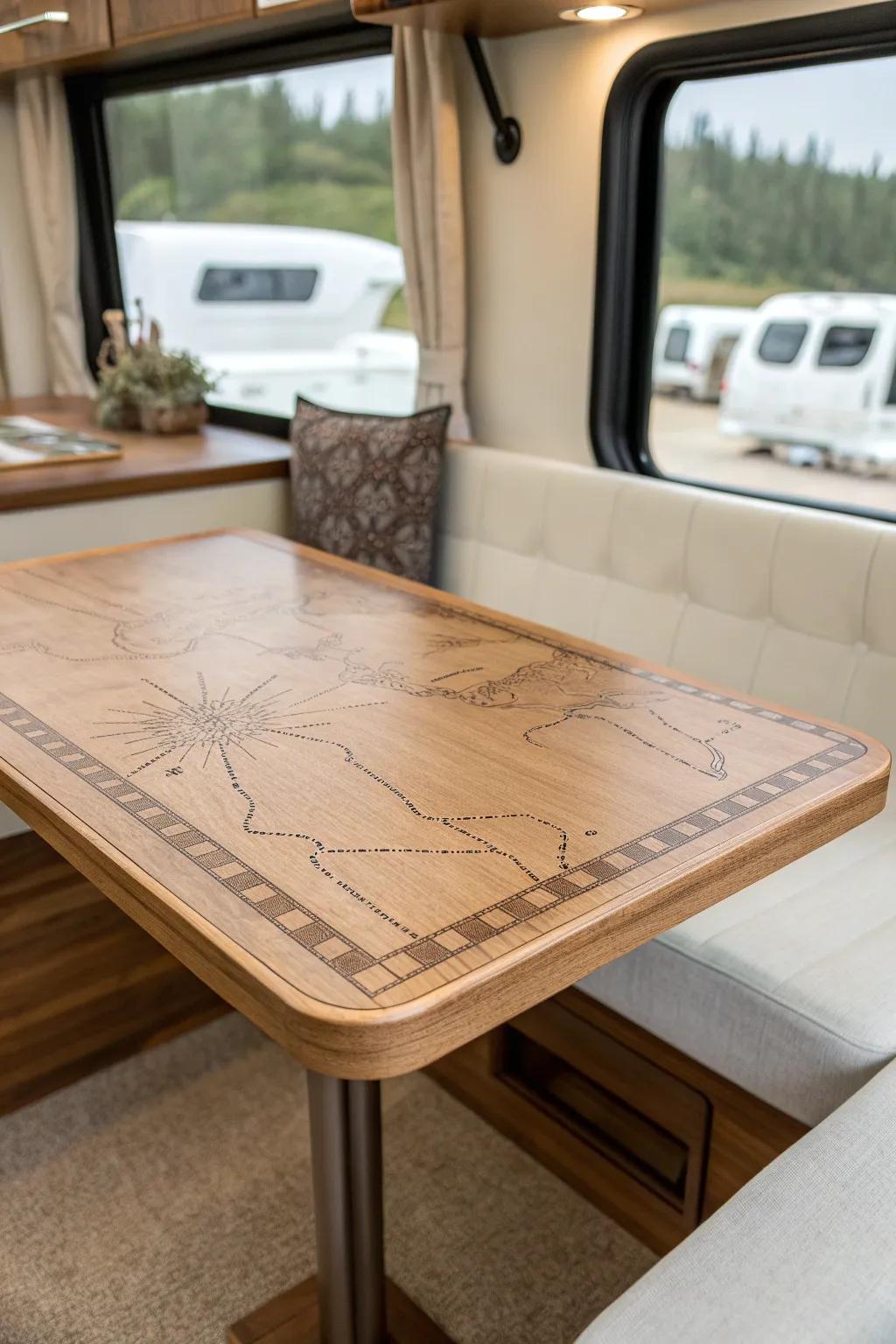 A sleek travel-inspired inlay top that turns your RV dining table into a handmade statement.