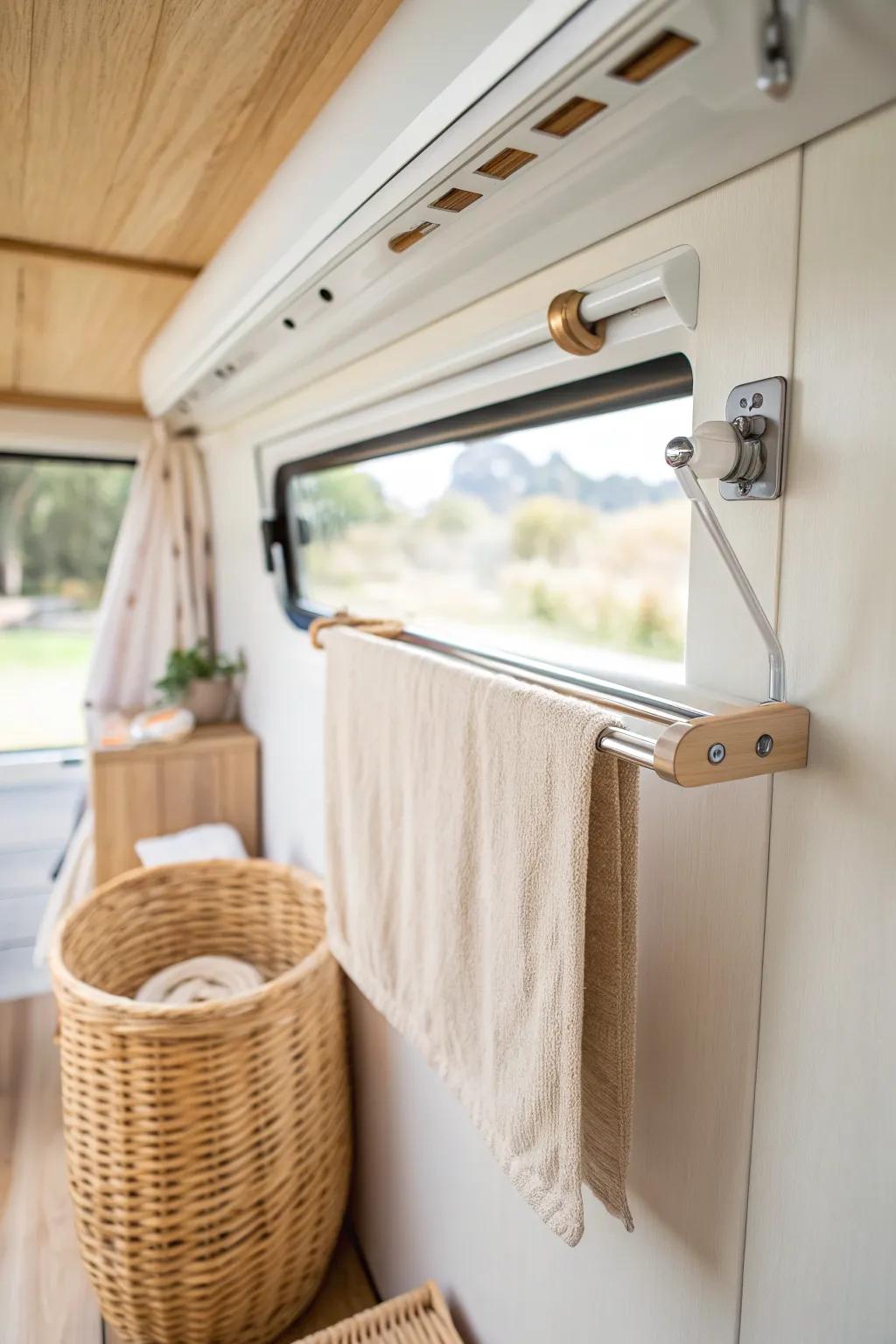 Sleek retractable clothesline turns any RV wall into a hidden towel-drying station.